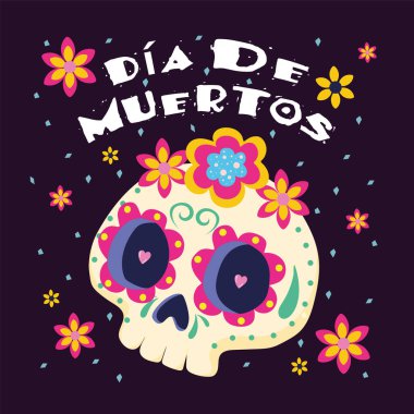 Sugar skull with vibrant floral decorations and text for Day of the Dead, Vector illustration clipart