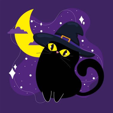 Cadı şapkası takan büyüleyici siyah kedi. Mor üzerinde hilal şeklinde bir ay var. Vektör çizimi.