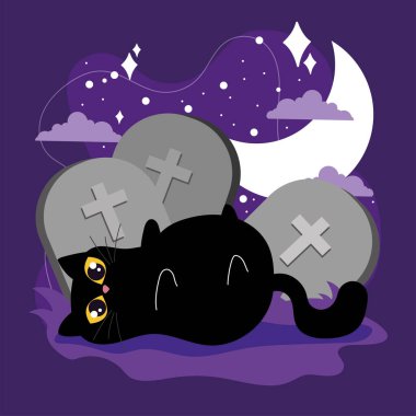 Korkunç Cadılar Bayramı sahnesinde dolunay altında mezar taşlarının altında yatan oyuncu kara kedi, Vektör illüstrasyonu
