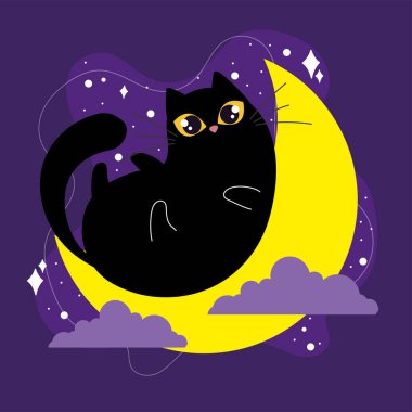 Yıldızlar ve bulutlarla dolu hilal ay üzerinde uzanan mutlu kara kedi, Vektör çizimi
