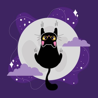 Curious black cat climbing in front of a full moon with clouds and stars, Vector illustration clipart