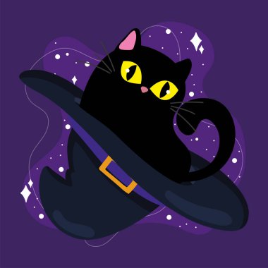 Cadılar Bayramı cadı şapkasının içinde oynayan sevimli siyah kedi yıldızlar ve bulutlarla, Vektör illüstrasyonu