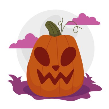 Frightening jack-o -lantern pumpkin with a spooky face and full moon background, Vector illustration clipart