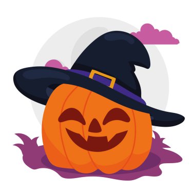 Smiling jack-o -lantern pumpkin with a witch hat against a full moon, Vector illustration clipart