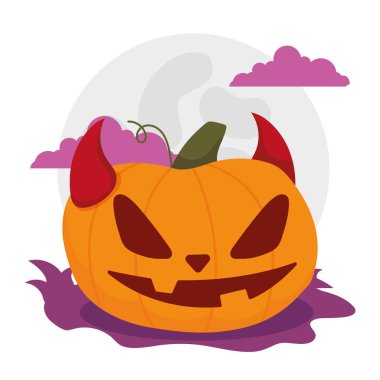 Fierce jack-o -lantern pumpkin with devil horns and full moon background, Vector illustration clipart