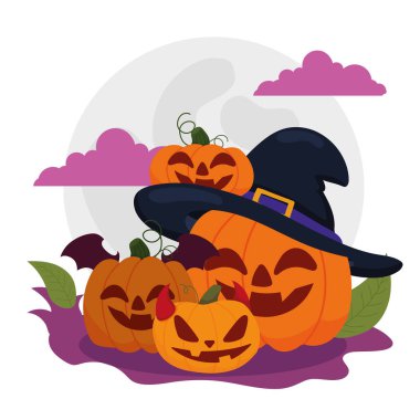 Cadılar Bayramı 'nız kutlu olsun. Cadı şapkası, şeytan boynuzu, dolunay ve vektör resimleriyle süslenmiş balkabakları.