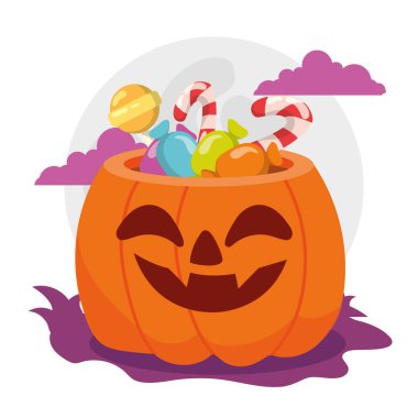 Gülen balkabağı renkli Cadılar Bayramı şekerleriyle dolup taşıyor, Vektör çizimi