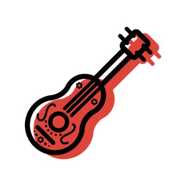 Meksikalı bir gitar ikonunun tasviri kalın bir taslak şeklinde, mariachi müziğini temsil ediyor. Vektör illüstrasyonu