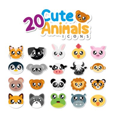 Sevimli hayvan yüzleri paketi. Vektör illüstrasyonu