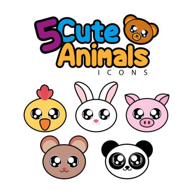 Sevimli hayvan yüzleri paketi. Vektör illüstrasyonu