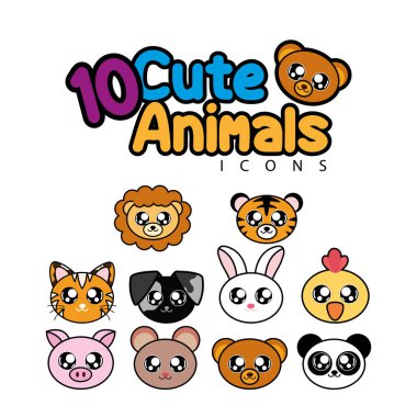 Sevimli hayvan yüzleri paketi. Vektör illüstrasyonu