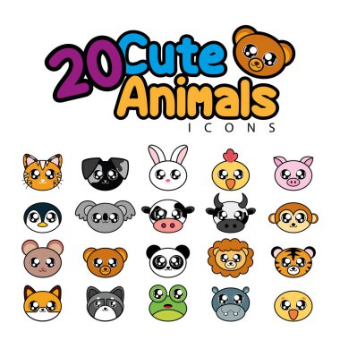 Sevimli hayvan yüzleri paketi. Vektör illüstrasyonu