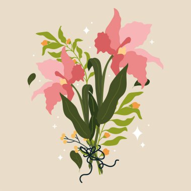 Romantik çiçek buketi bağlanmış. Vektör illüstrasyonu