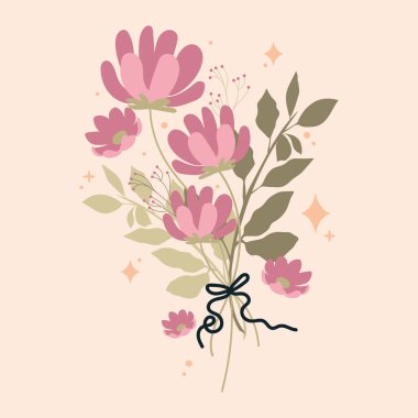 Romantik çiçek buketi bağlanmış. Vektör illüstrasyonu