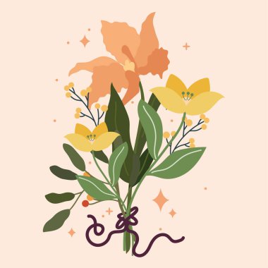 Romantik çiçek buketi bağlanmış. Vektör illüstrasyonu