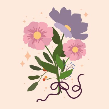 Romantik çiçek buketi bağlanmış. Vektör illüstrasyonu