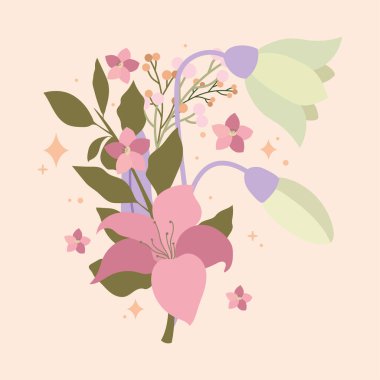 Romantik çiçek buketi bağlanmış. Vektör illüstrasyonu