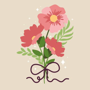 Romantik çiçek buketi bağlanmış. Vektör illüstrasyonu