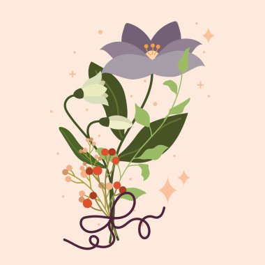 Romantik çiçek buketi bağlanmış. Vektör illüstrasyonu