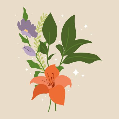 Romantik çiçek buketi bağlanmış. Vektör illüstrasyonu