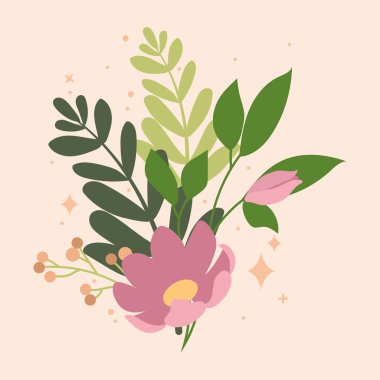 Romantik çiçek buketi bağlanmış. Vektör illüstrasyonu