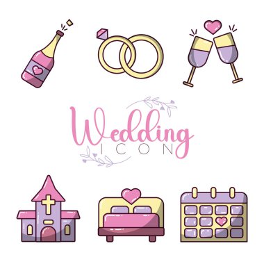 Romantik düğün seti. Vektör illüstrasyonu