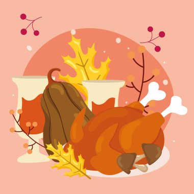 Kızarmış hindi ve içki. Vektör illüstrasyonu