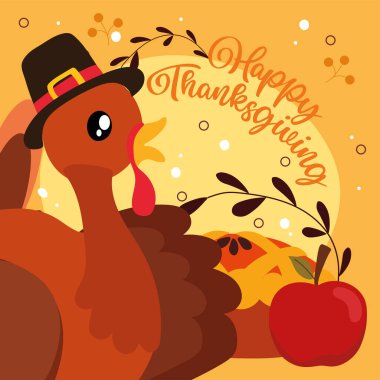 Şükran Günü hindisi ve turta. Vektör illüstrasyonu