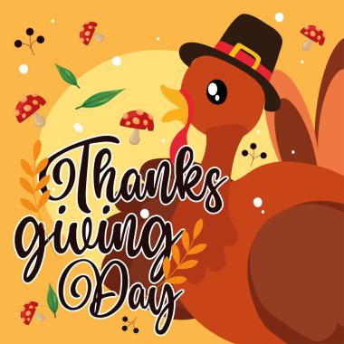 Şükran Günü hindisi ve mantar. Vektör illüstrasyonu