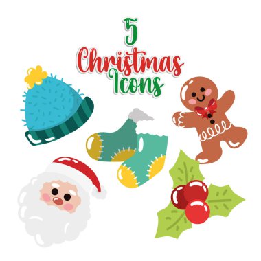 Beş Noel ikonu grubu. Vektör illüstrasyonu