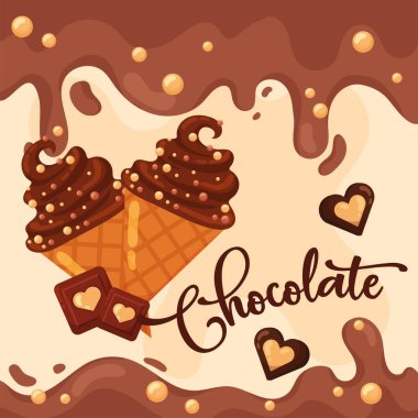 Çikolatalı dondurma külahları. Vektör illüstrasyonu