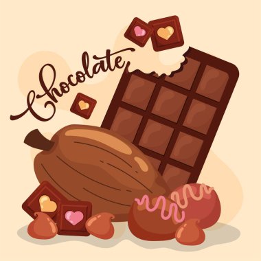 Çikolata ve kakao çekirdeği. Vektör illüstrasyonu