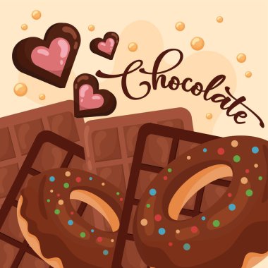 Donut ve kalp şekeri. Vektör illüstrasyonu