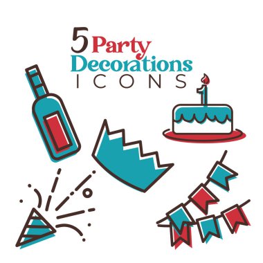 Doğum günü ve parti malzemeleri ayarlandı. Vektör illüstrasyonu