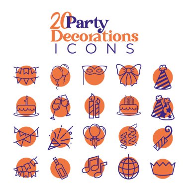 Yirmi ikon parti seti özetlendi. Vektör illüstrasyonu