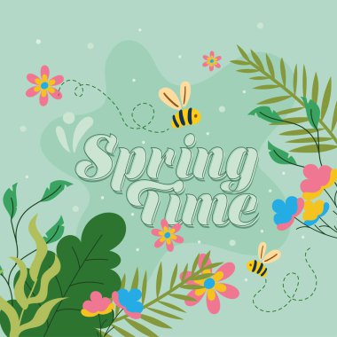 Bahar arıları ve çiçekler neşelidir. Vektör illüstrasyonu