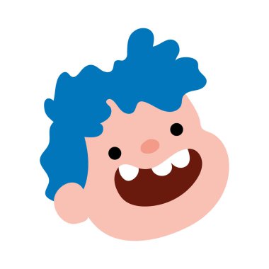 Mavi saçlı neşeli yüzlü çocuk. Vektör illüstrasyonu