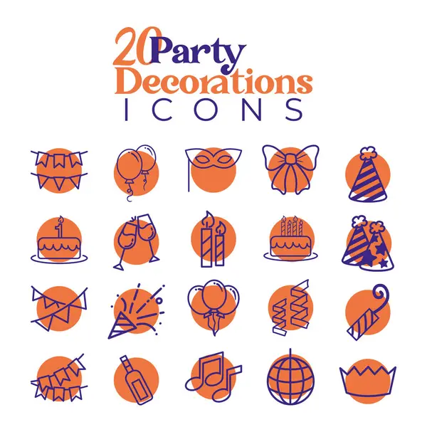 Yirmi ikon parti seti özetlendi. Vektör illüstrasyonu