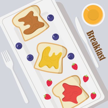 Reçelli tost ve meyve. Vektör illüstrasyonu