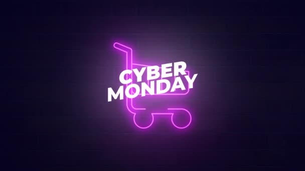 Cyber Monday Знак Продажу Промо Відео Неонові Вогні Шопінговим Візком — стокове відео