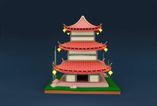 Chinese house traditional temple 3d illustration on dark blue background.