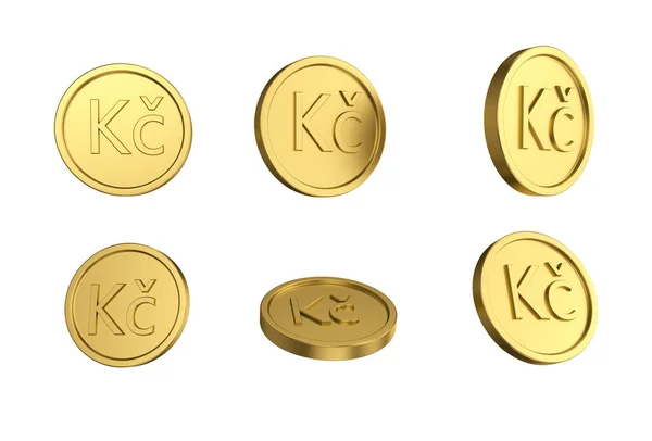 Illustration Set Gold Czech Koruna Coin Different Angels White Background Fotografia De Stock