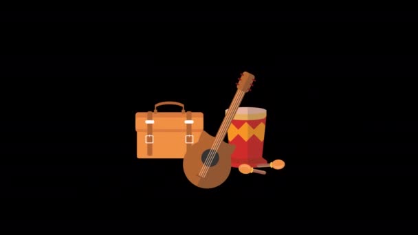 Musik Gitarr Och Trumma Resväska Loop Animation Video Transparent Bakgrund — Stockvideo