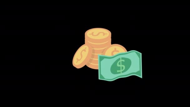 Dinero Moneda Pila Animación Bucle Movimiento Gráficos Video Fondo Transparente — Vídeo de stock