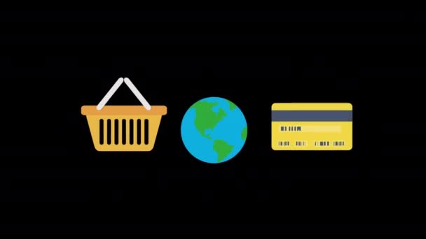 Credit Card Basket Globe Animatie Lus Motion Graphics Video Transparante — Stockvideo
