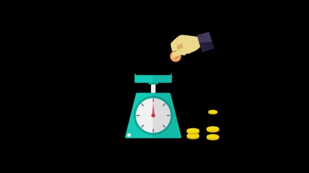 Ağırlık Ölçeği Para Tasarruf Kavramı Zaman Para Animasyon Döngü Grafikleri — Stok video