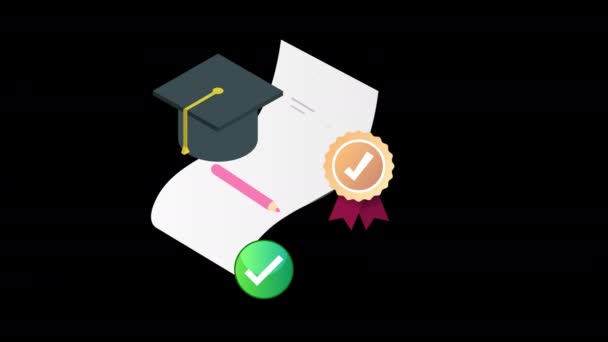 卒業キャップの達成証明書 コンセプト アルファチャンネルとの成功ラベル — ストック動画