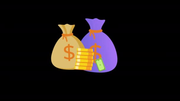 Peněžní Taška Dolarové Mince Koncepce Spoření Bankovek Alpha Channel — Stock video