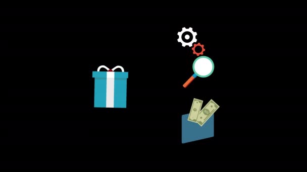 Ausrüstung Und Lupe Glas Brieftasche Geschenkbox Animation Mit Alpha Channel — Stockvideo