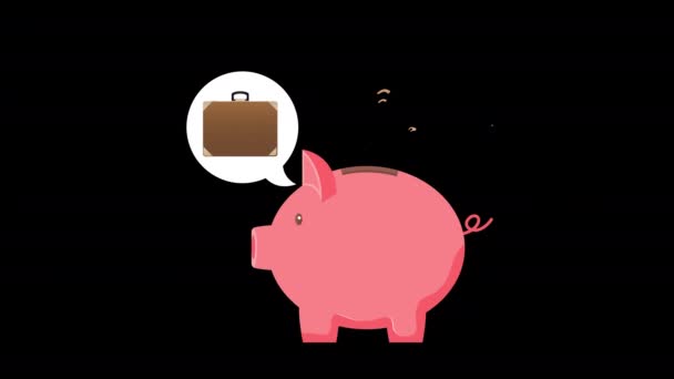 Coin Money Saving Concept Piggy Bank Animation Alpha Channel — Stock Video